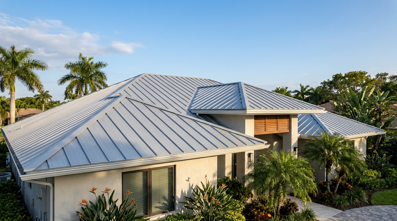 Freshly installed standing-seam metal roof on a South Florida home