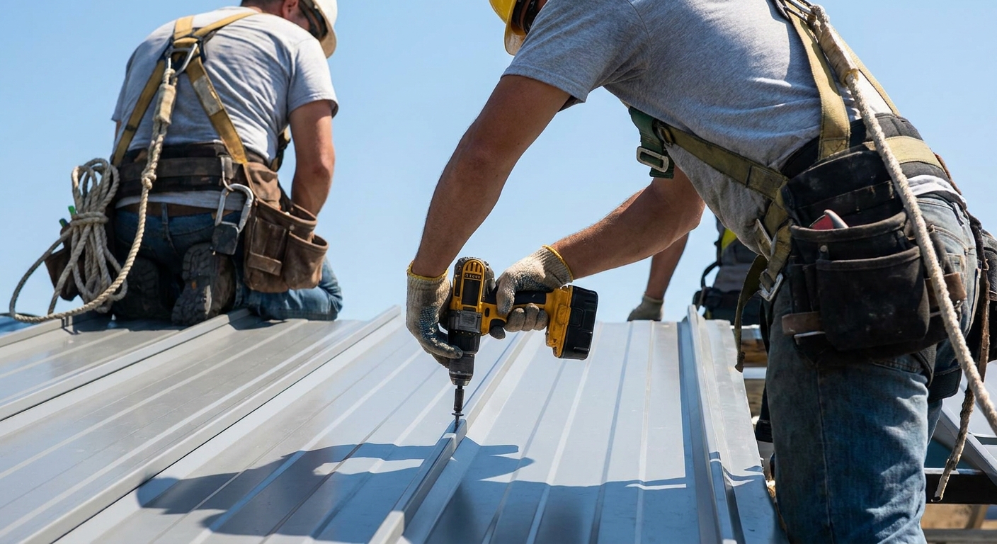 Professional roofers installing a metal roof in daylight